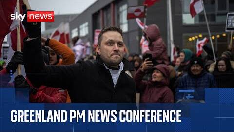 Greenland Prime Minister Jens-Frederik Nielsen holds a news conference